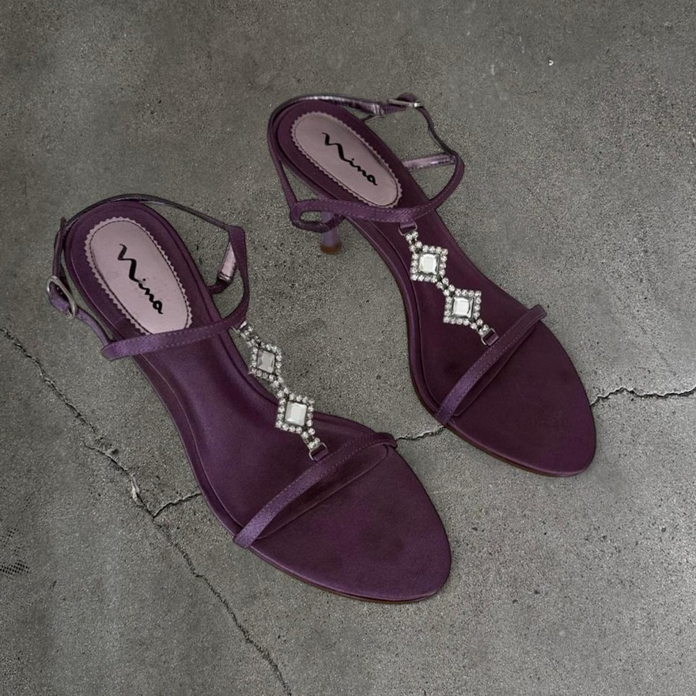 Nina Purple Jeweled T-Strap Kitten Heel Sandals